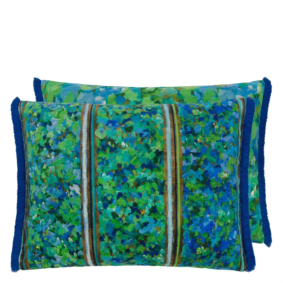 Sanzai Cushion | Graphic Striped Velvet with Indigo Blue Fringing