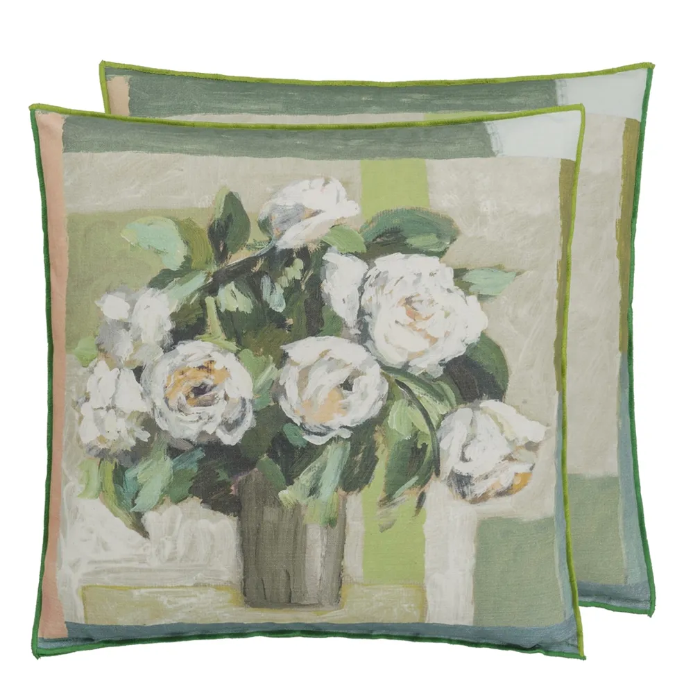 Celadon Vase Cushion | Painterly Vase of Garden Flowers