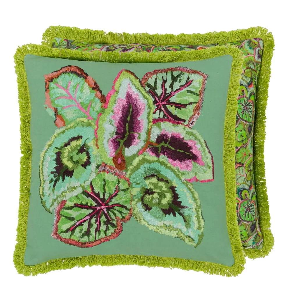 Leaf Glaze Cushion | Embroidered Geranium Leaf Design with Green Fringing