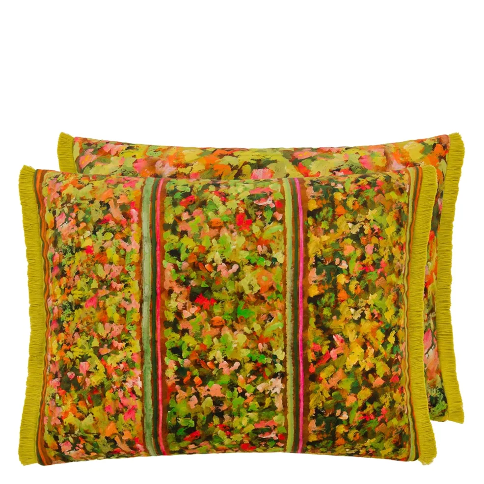 Sanzai Cushion | Graphic Striped Velvet with Indigo Blue Fringing