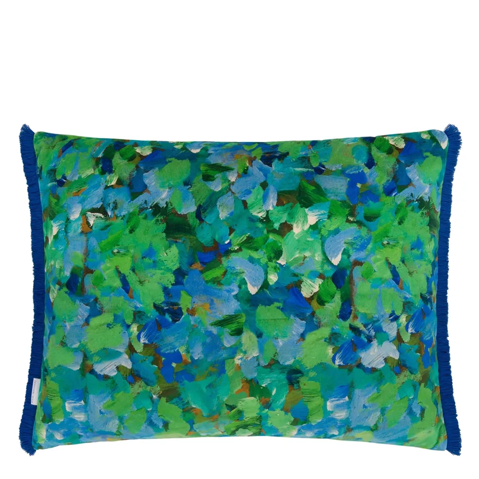 Sanzai Cushion | Graphic Striped Velvet with Indigo Blue Fringing
