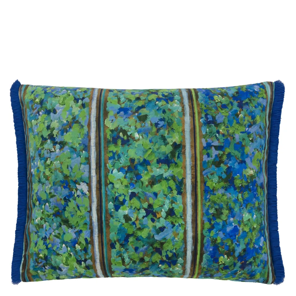 Sanzai Cushion | Graphic Striped Velvet with Indigo Blue Fringing