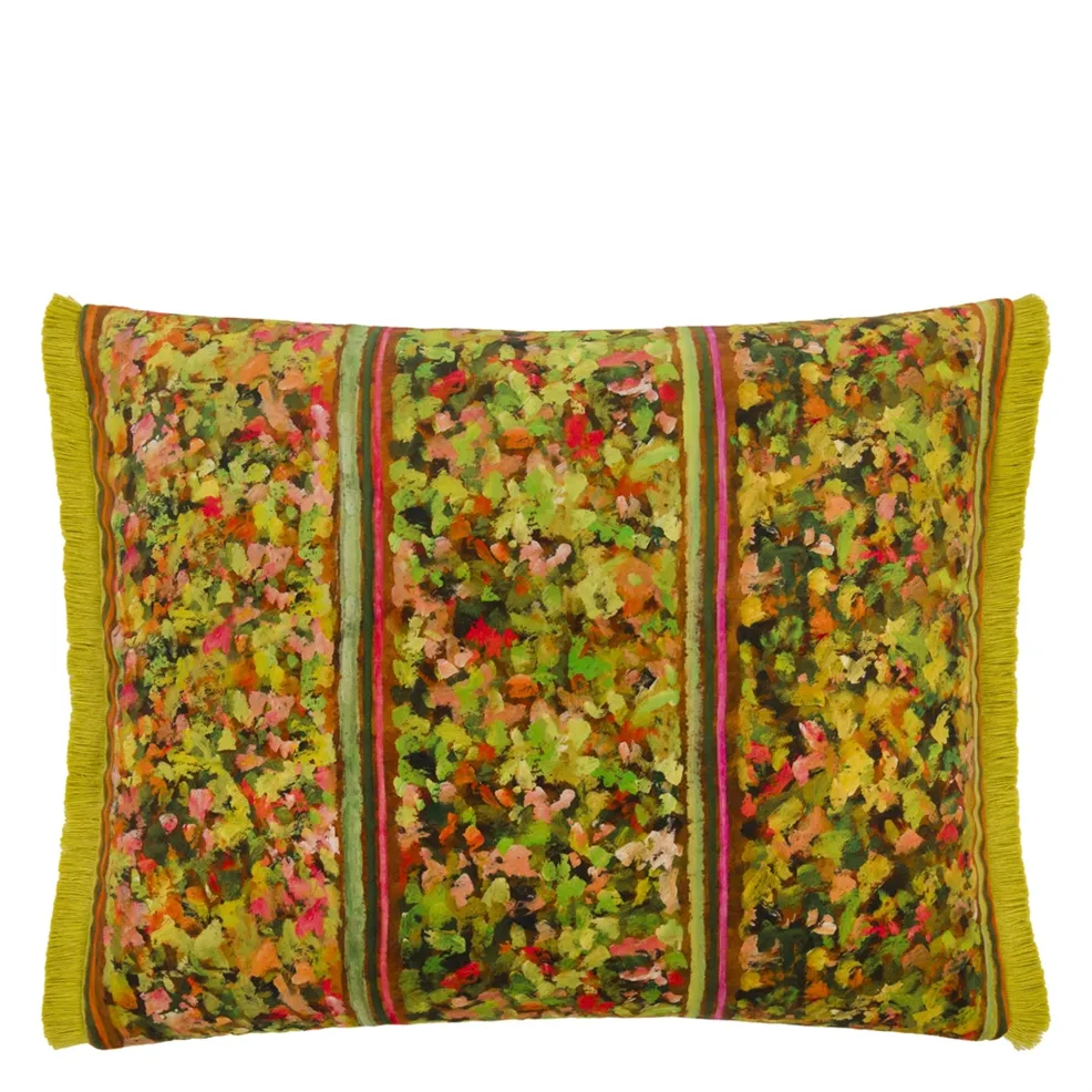 Sanzai Cushion | Graphic Striped Velvet with Indigo Blue Fringing