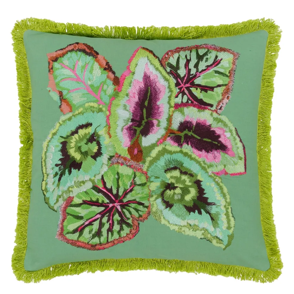 Leaf Glaze Cushion | Embroidered Geranium Leaf Design with Green Fringing