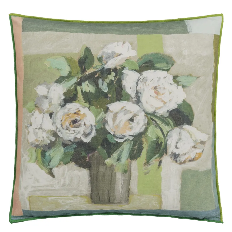 Celadon Vase Cushion | Painterly Vase of Garden Flowers