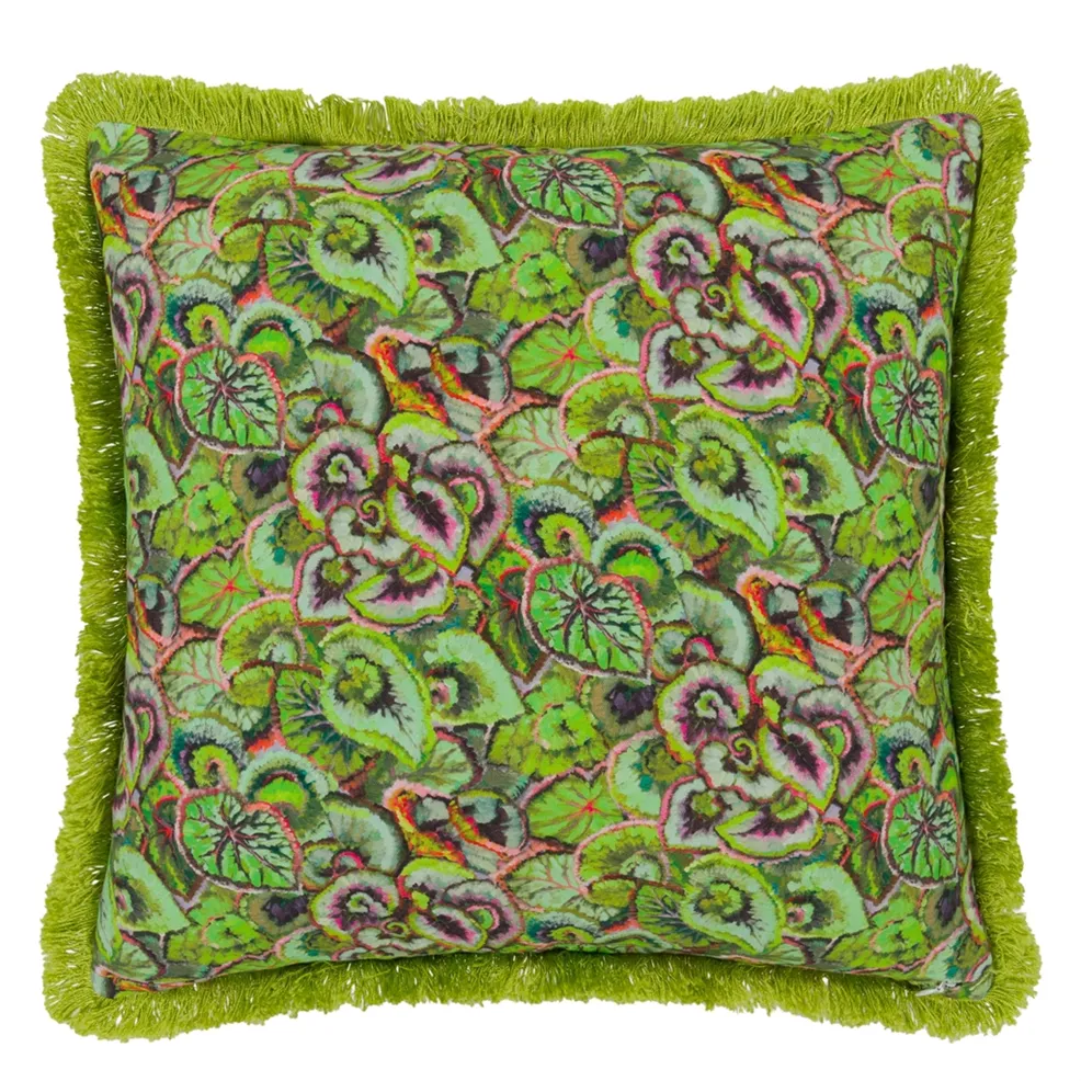 Leaf Glaze Cushion | Embroidered Geranium Leaf Design with Green Fringing