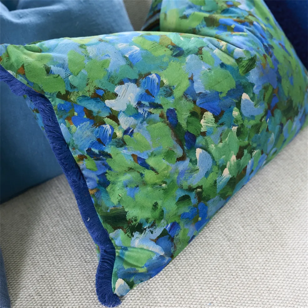 Sanzai Cushion | Graphic Striped Velvet with Indigo Blue Fringing