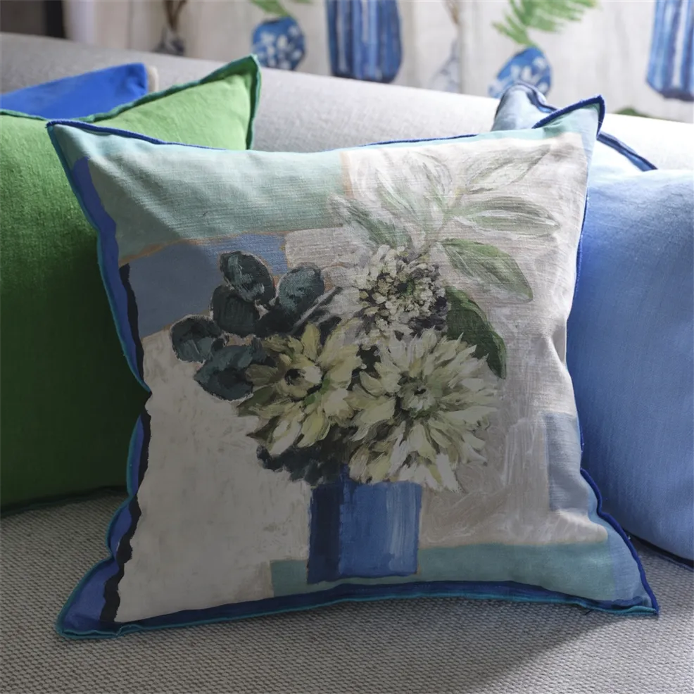 Celadon Vase Cushion | Painterly Vase of Garden Flowers