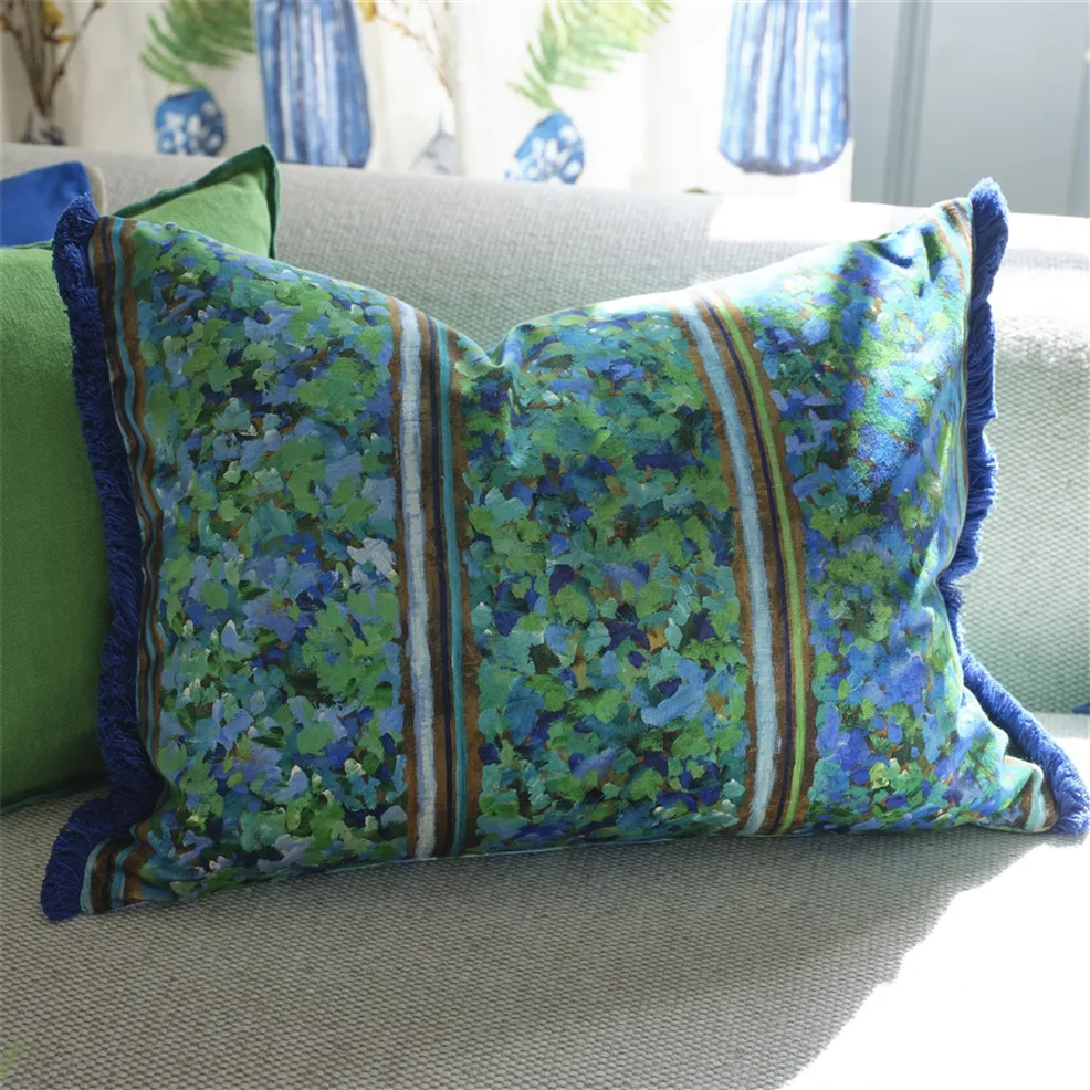 Sanzai Cushion | Graphic Striped Velvet with Indigo Blue Fringing