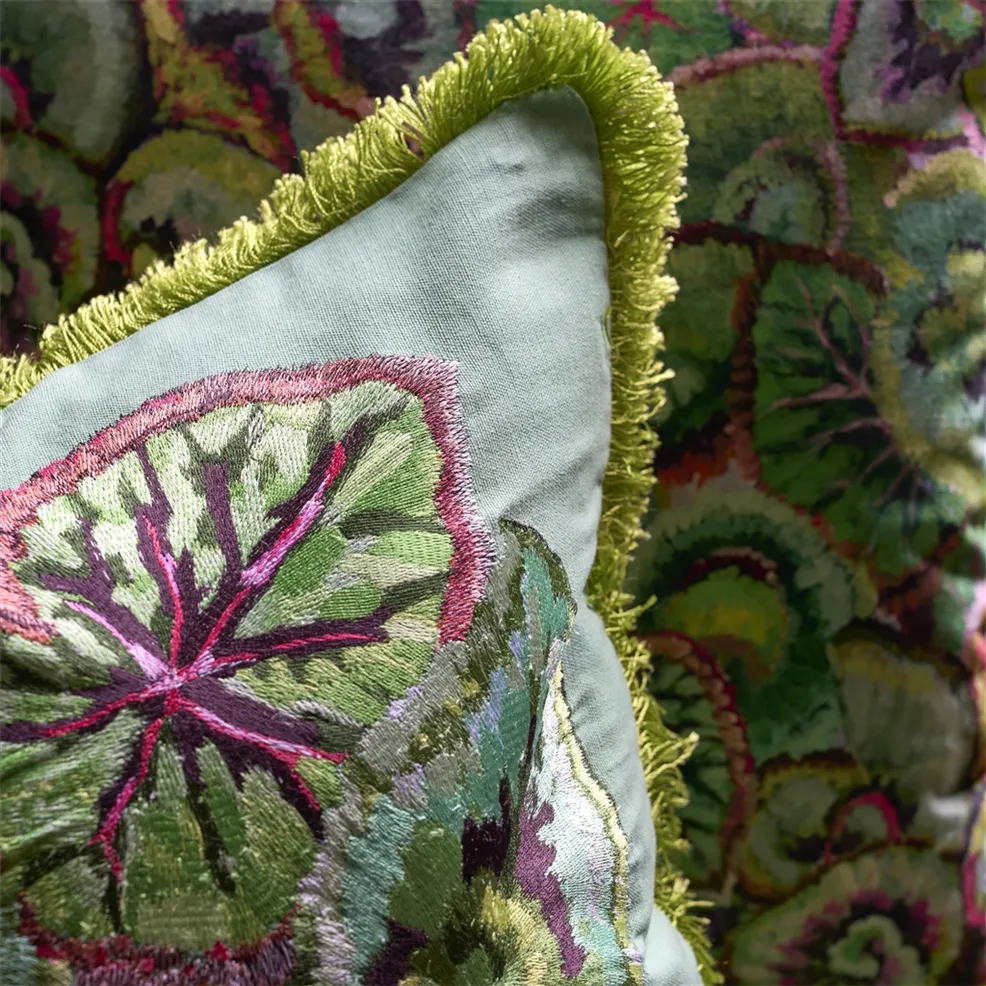 Leaf Glaze Cushion | Embroidered Geranium Leaf Design with Green Fringing