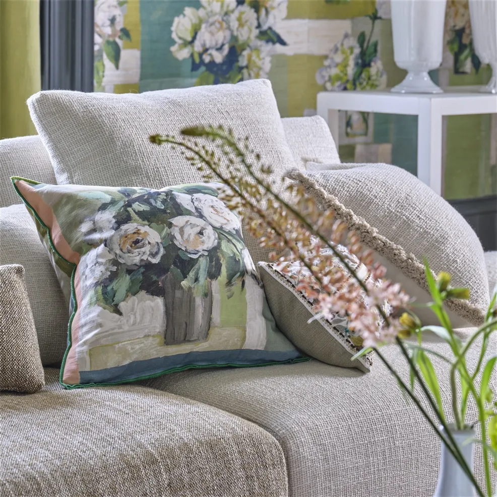 Celadon Vase Cushion | Painterly Vase of Garden Flowers