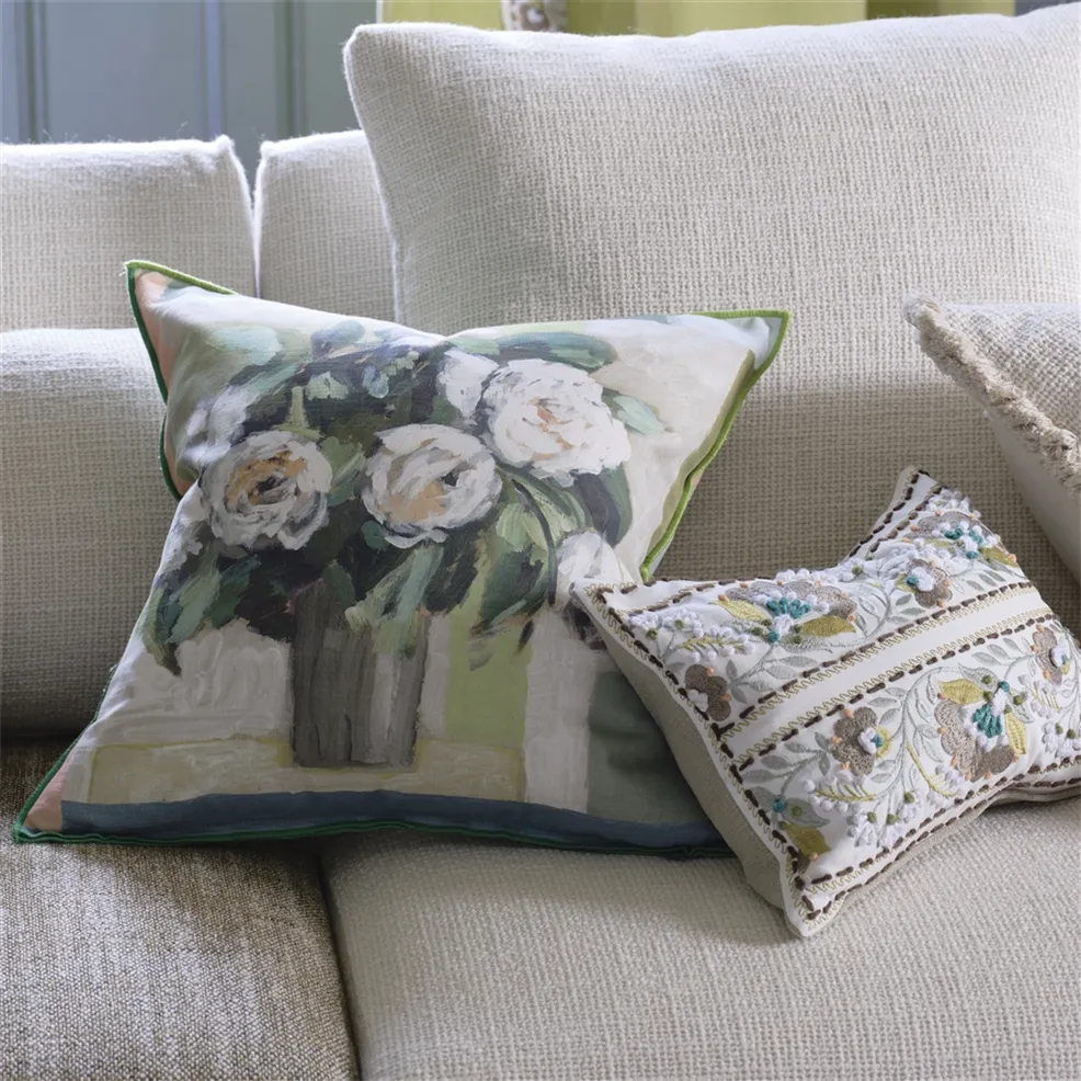 Celadon Vase Cushion | Painterly Vase of Garden Flowers