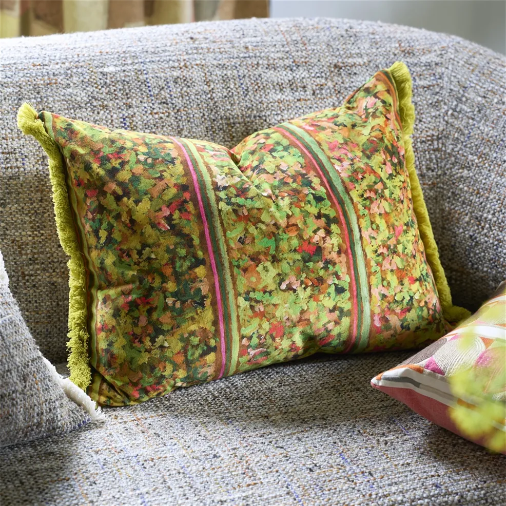 Sanzai Cushion | Graphic Striped Velvet with Indigo Blue Fringing