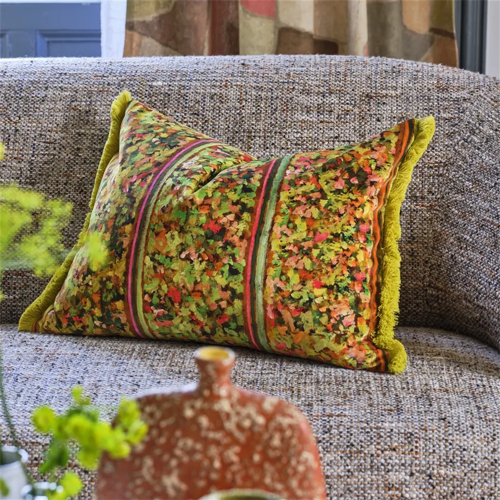 Sanzai Cushion | Graphic Striped Velvet with Indigo Blue Fringing