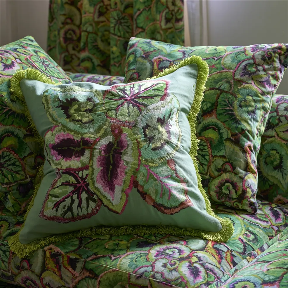 Leaf Glaze Cushion | Embroidered Geranium Leaf Design with Green Fringing