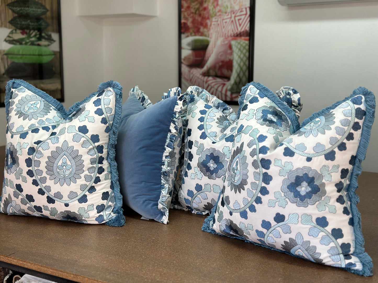 Cloisonne II Fringed Cushion | Luxurious Blue Embroidered Cushion
