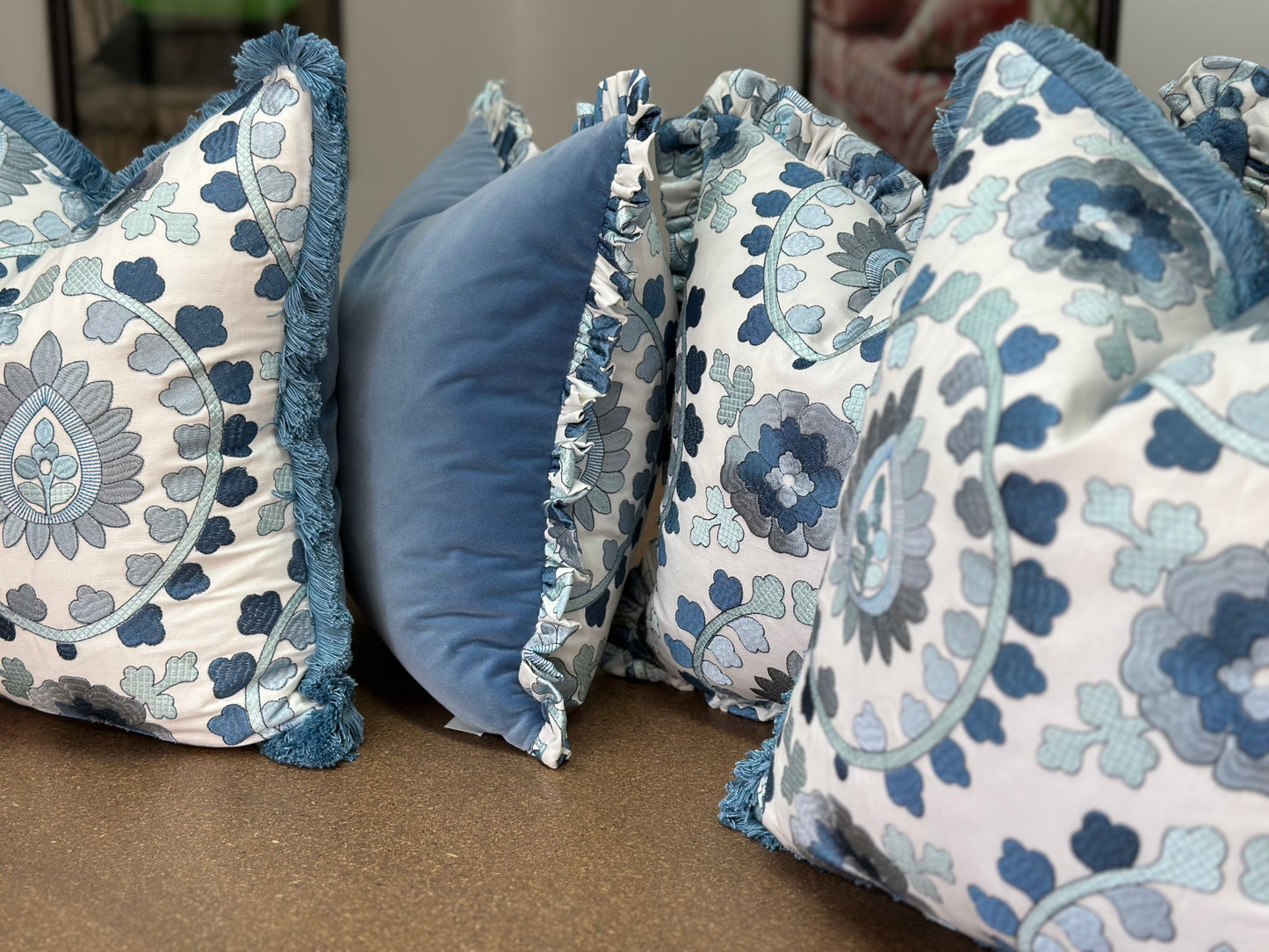 Cloisonne II Fringed Cushion | Luxurious Blue Embroidered Cushion