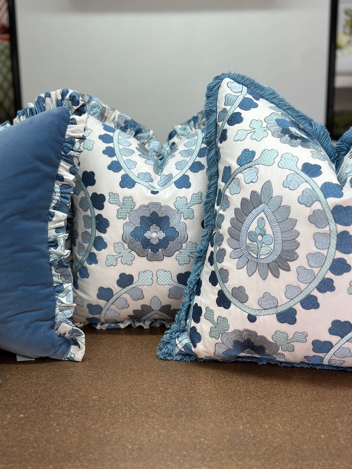 Cloisonne II Fringed Cushion | Luxurious Blue Embroidered Cushion