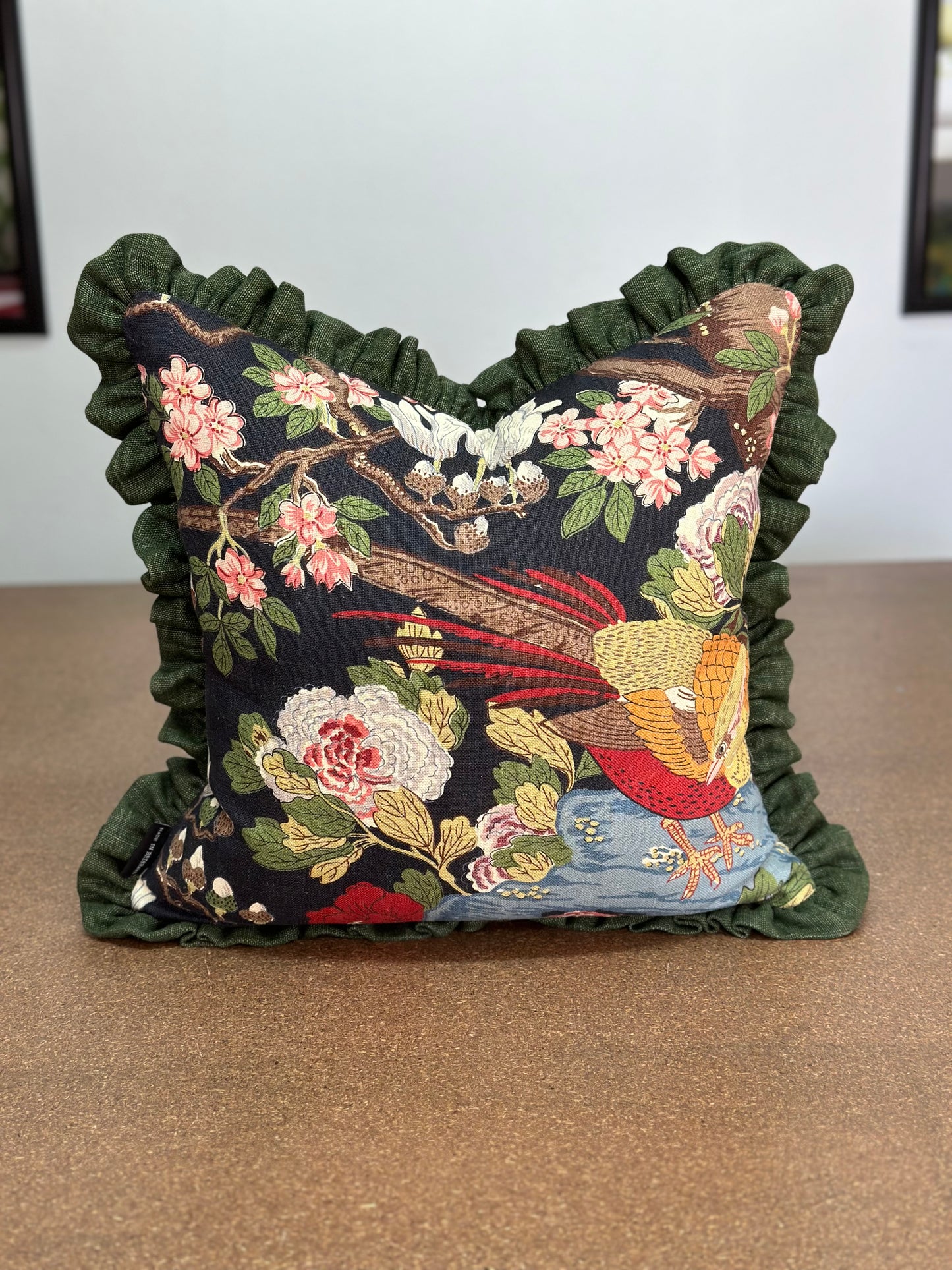 Rockbird Cushion | Printed Linen with Stonewashed Linen Ruffles