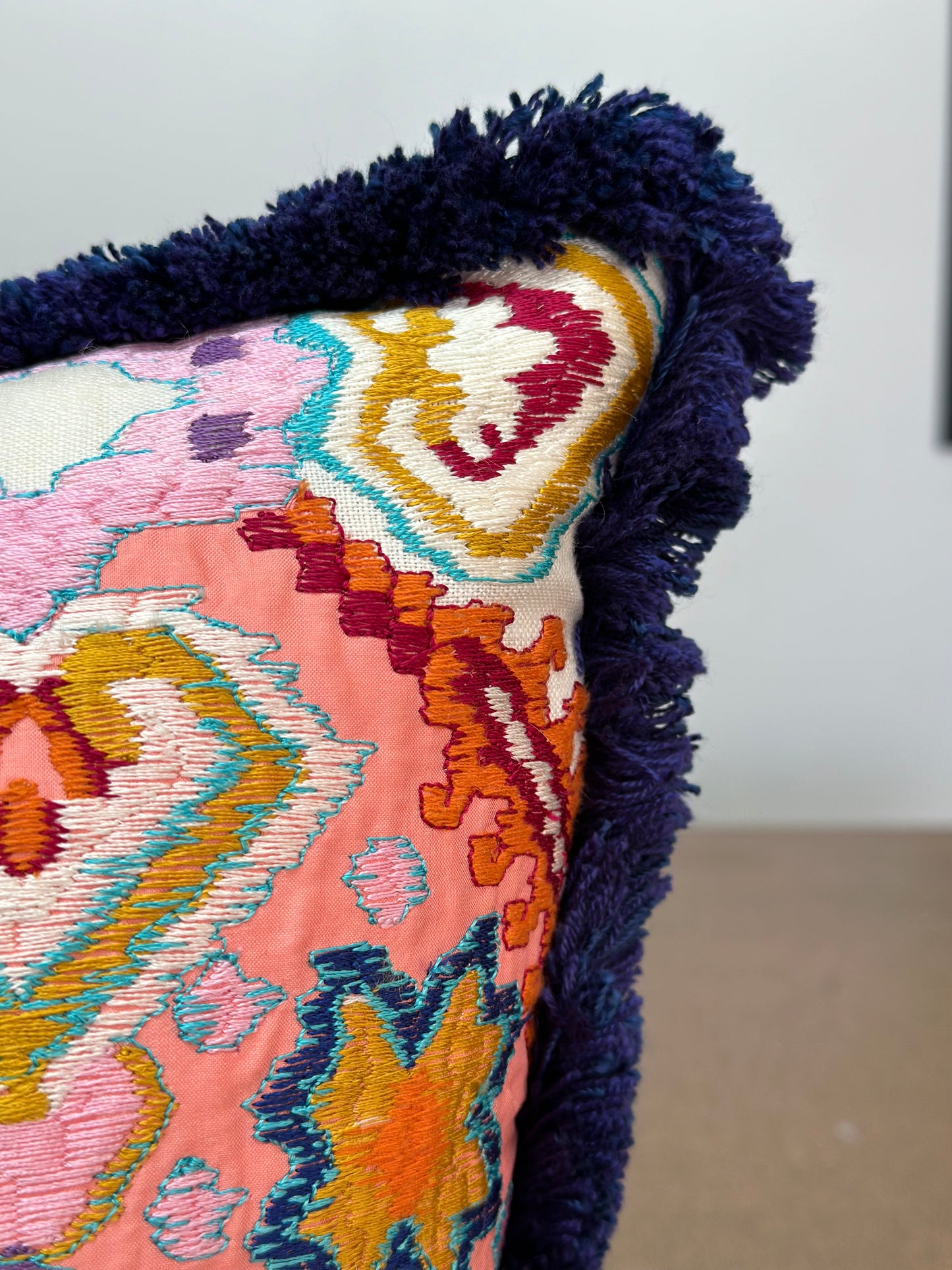 Tutti Frutti Cushion | Embroidered Design with Navy Velvet Back