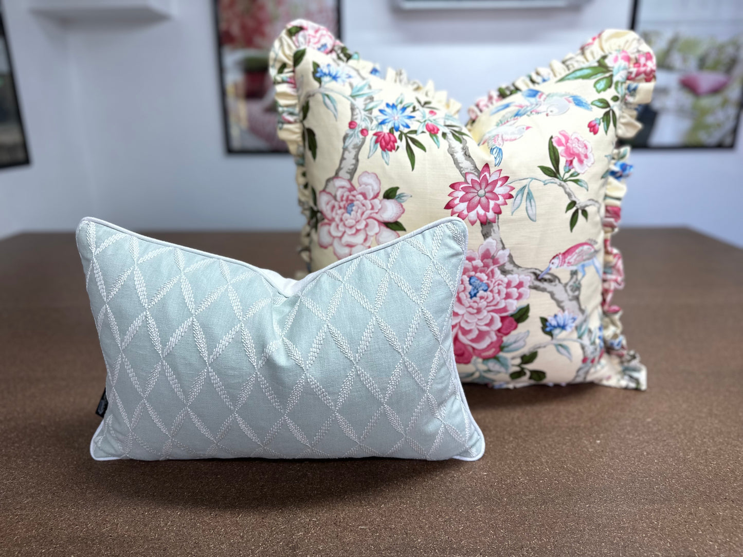 Geo Leaf Lumbar Cushion | Etamine Embroidered Fabric with Linen Piping