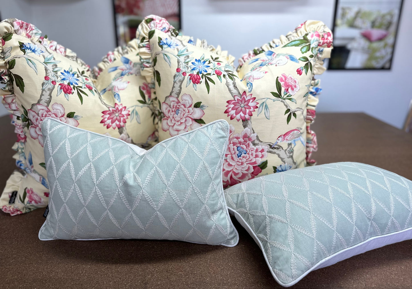 Geo Leaf Lumbar Cushion | Etamine Embroidered Fabric with Linen Piping