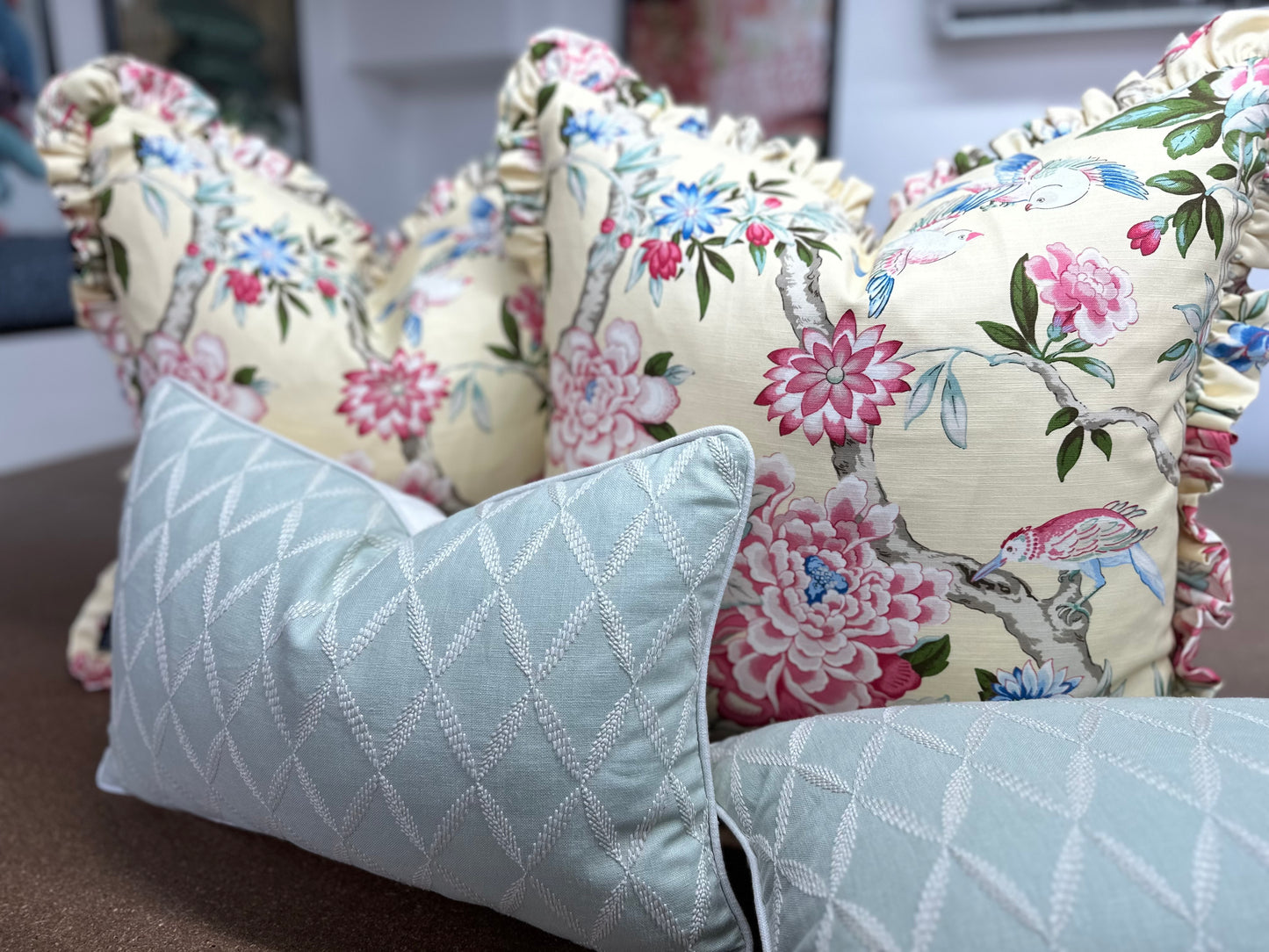 Geo Leaf Lumbar Cushion | Etamine Embroidered Fabric with Linen Piping