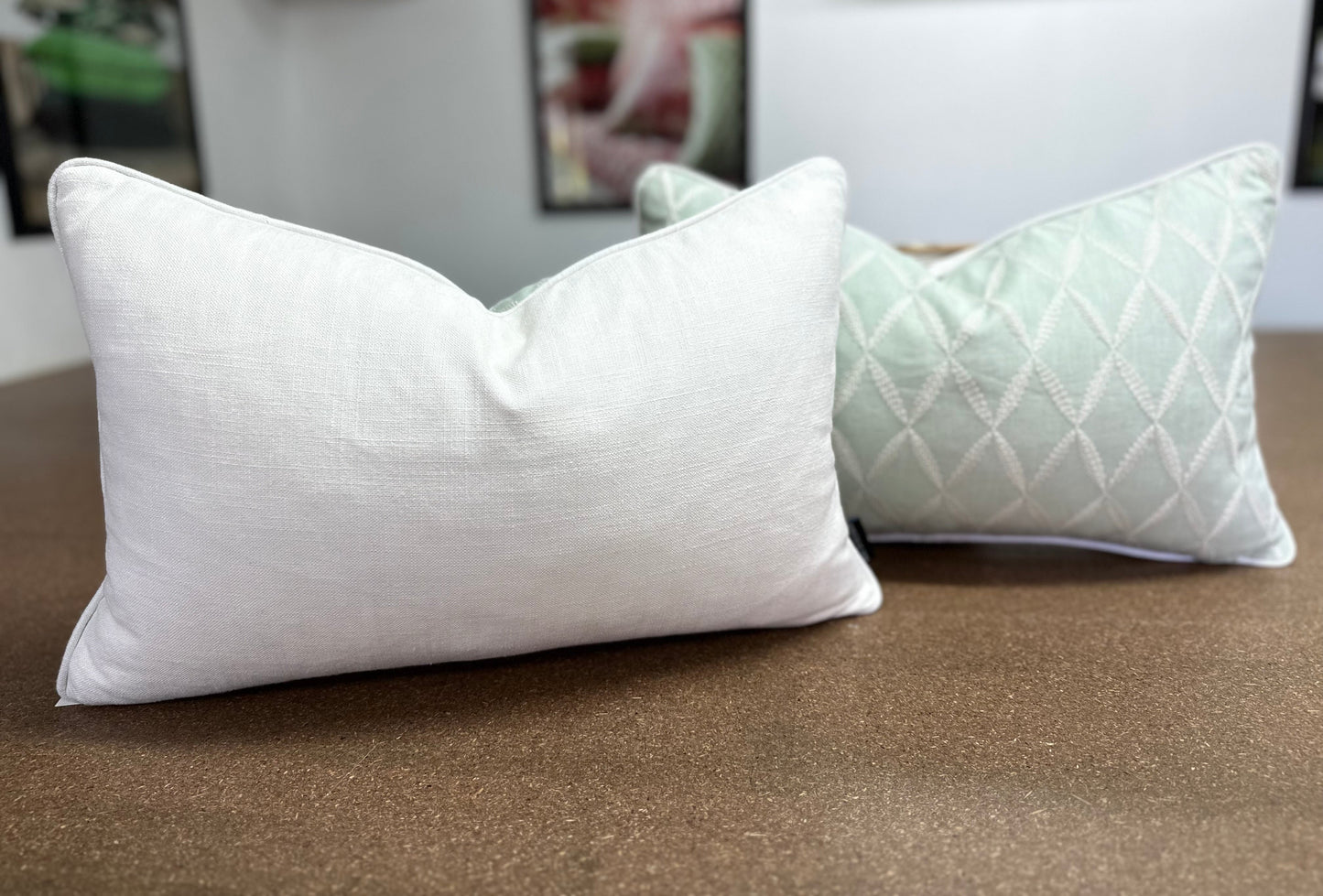 Geo Leaf Lumbar Cushion | Etamine Embroidered Fabric with Linen Piping