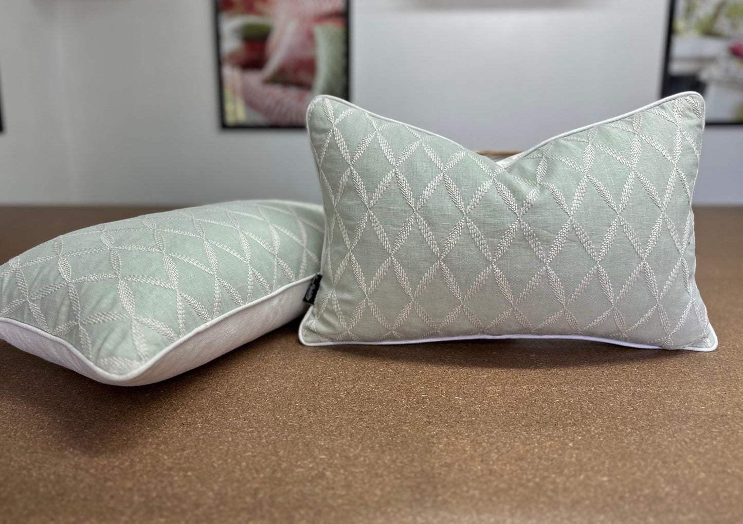 Geo Leaf Lumbar Cushion | Etamine Embroidered Fabric with Linen Piping