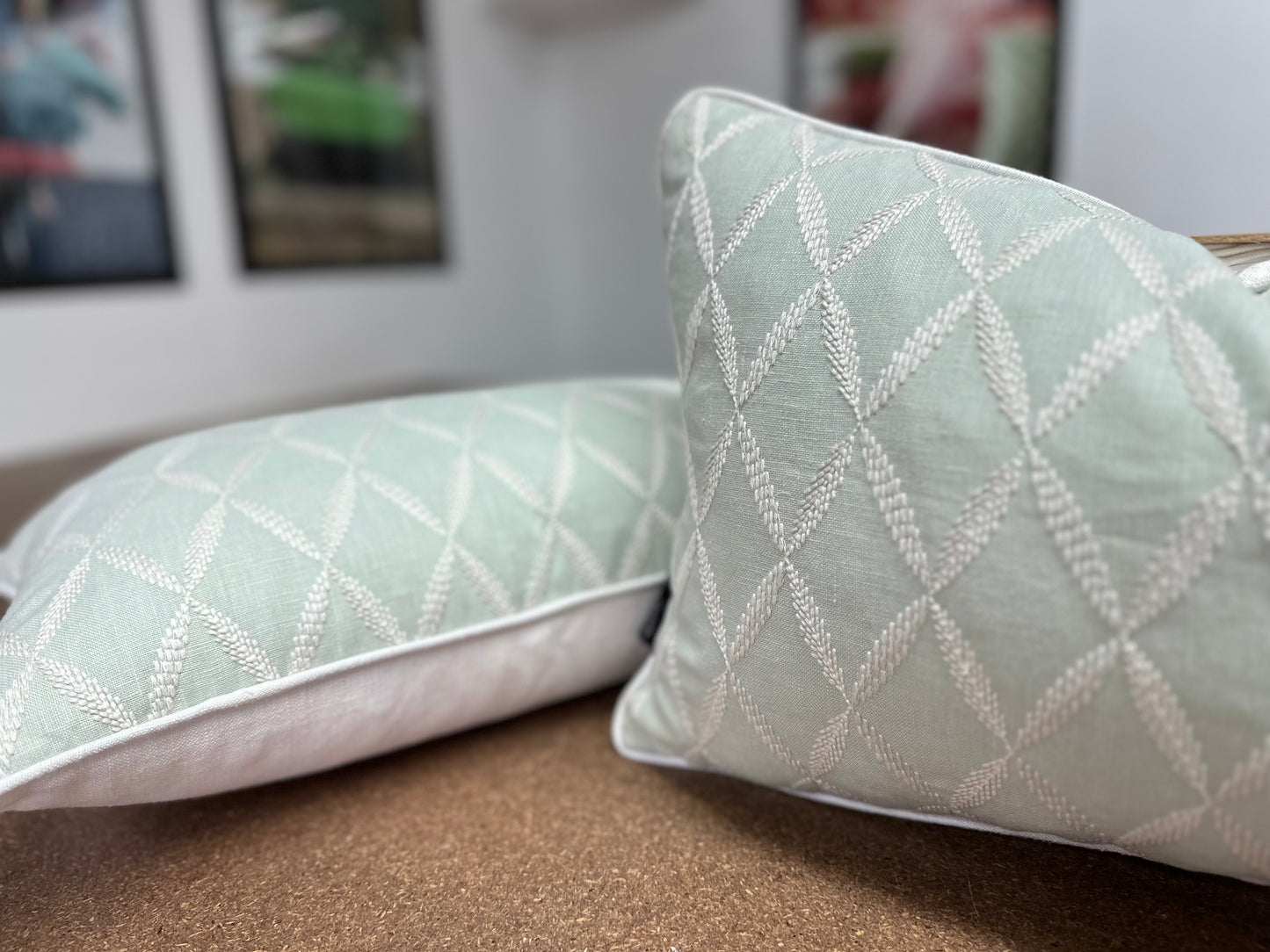 Geo Leaf Lumbar Cushion | Etamine Embroidered Fabric with Linen Piping