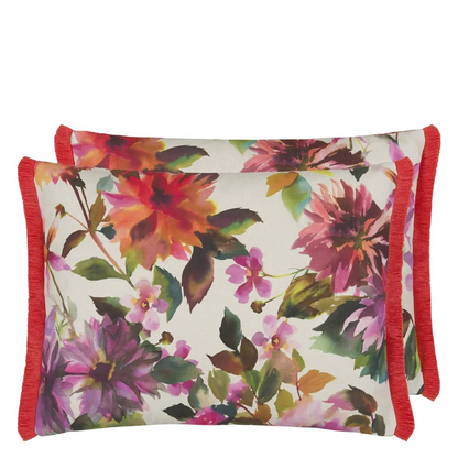 Manchu Outdoor Cushion | Painterly Floral Design with Coral Fringe