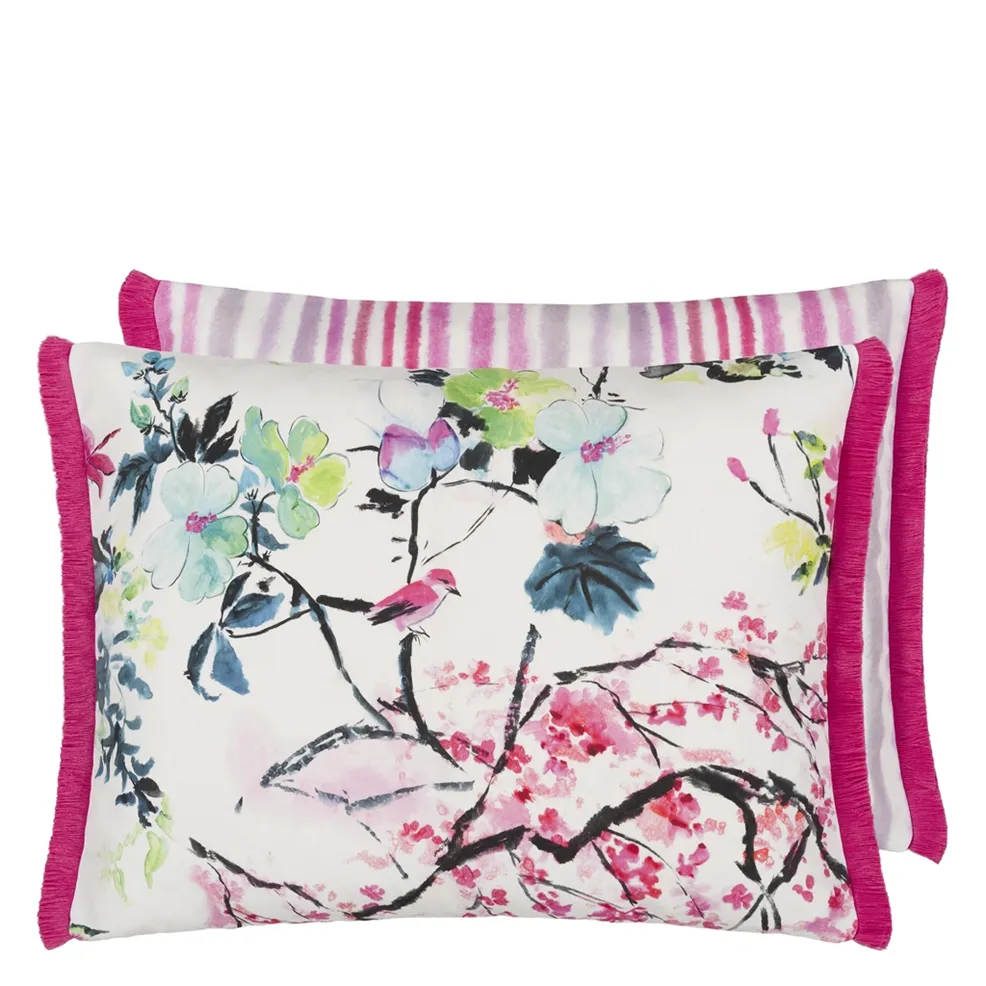 Chinoiserie Outdoor Cushion | Floral Print with Fringe