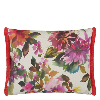 Manchu Outdoor Cushion | Painterly Floral Design with Coral Fringe