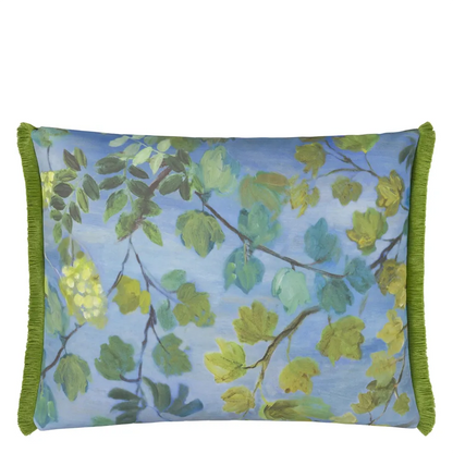 Giardino Segreto Outdoor Cushion | Leafy Print with Grass Green Fringe