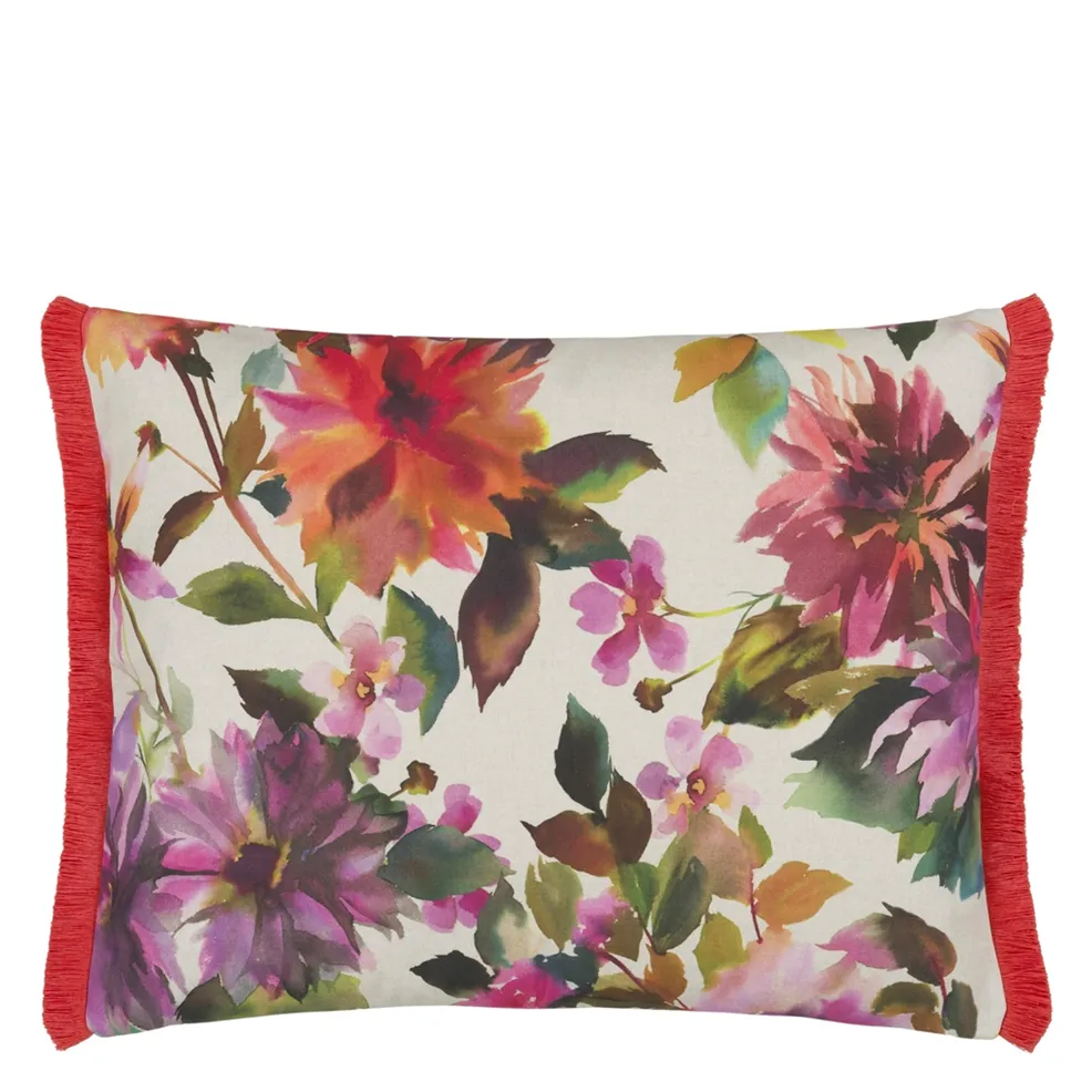 Manchu Outdoor Cushion | Painterly Floral Design with Coral Fringe