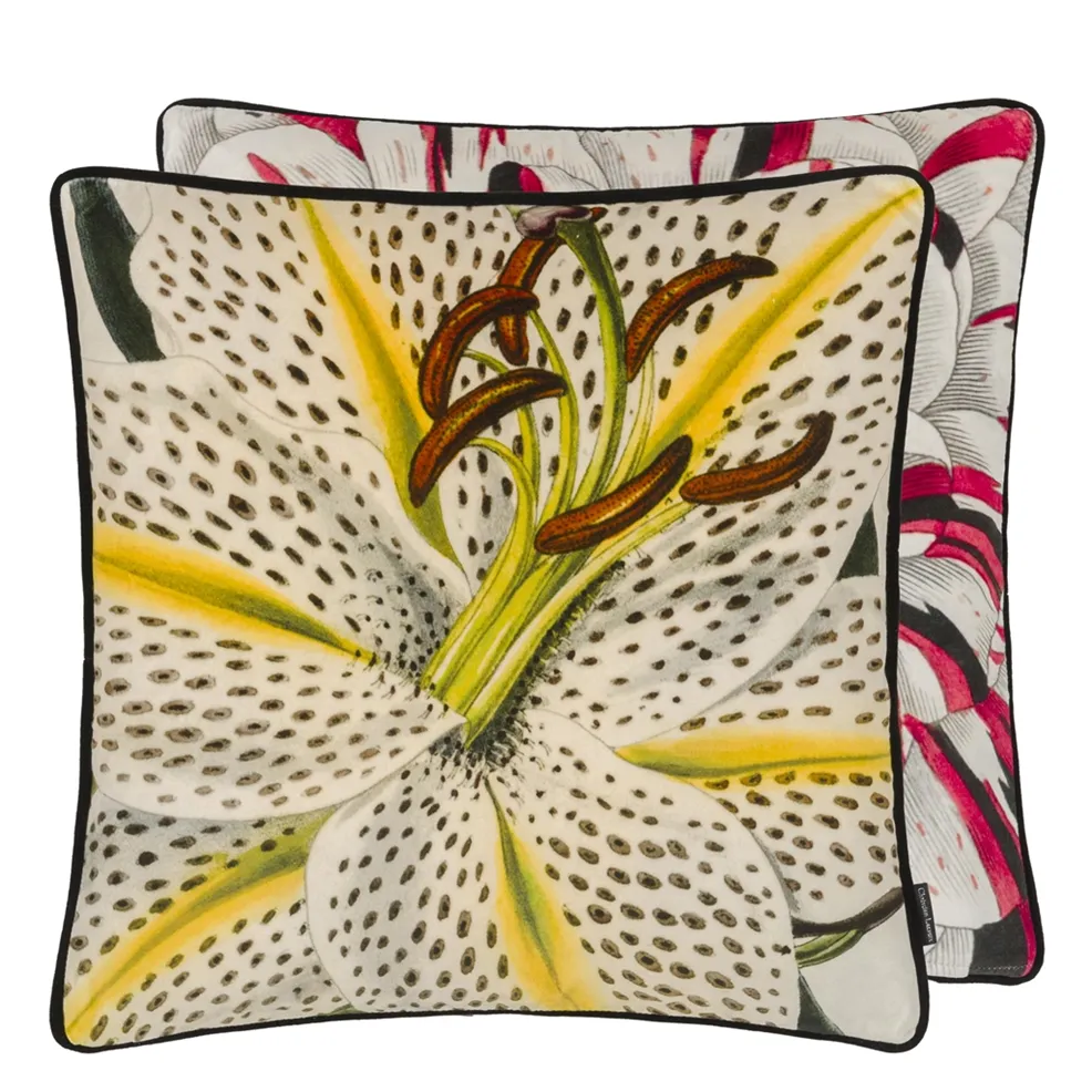 Flowered Craie Velvet Cushion | Botanical Illustration