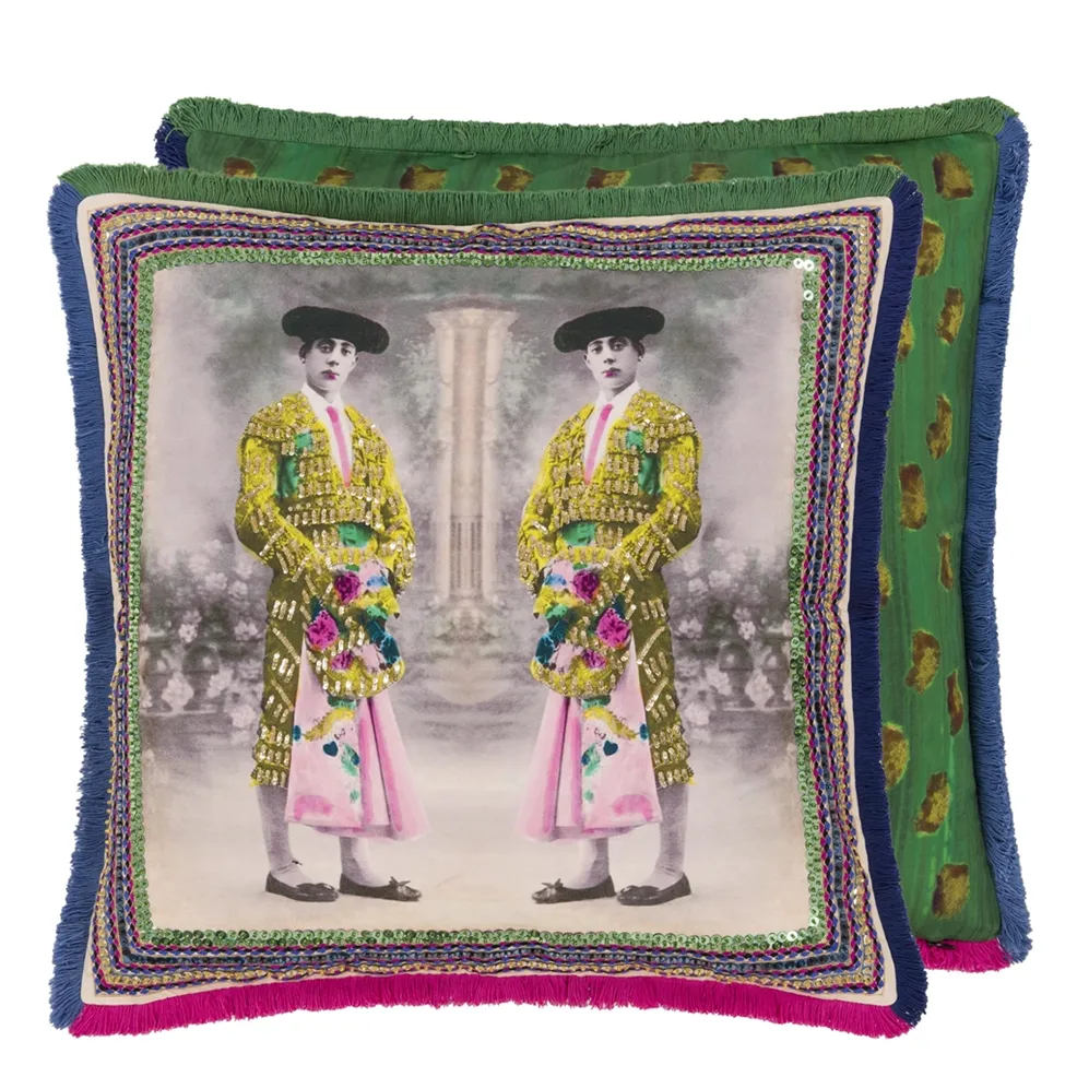 Torero Twins Mosaique Satin Cushion | Embroidered Matador Design with Sequins