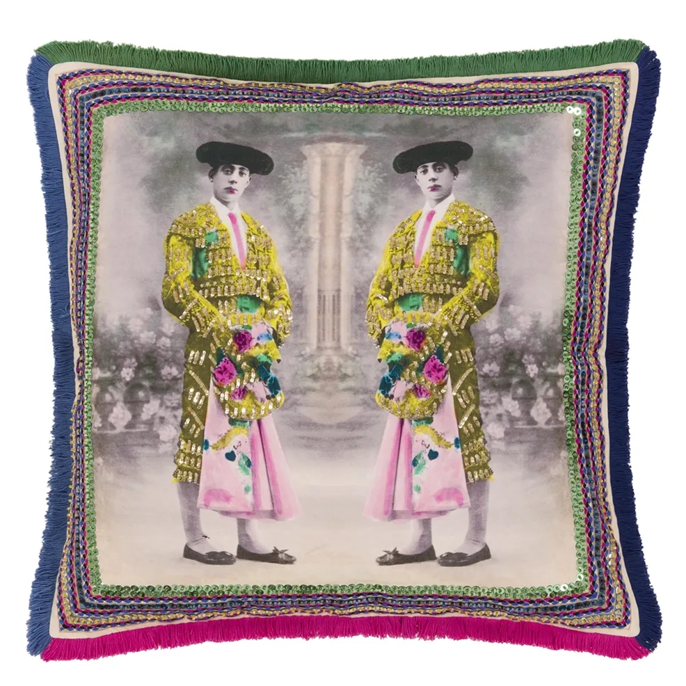 Torero Twins Mosaique Satin Cushion | Embroidered Matador Design with Sequins