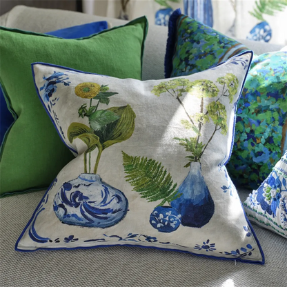 Kawana Linen Cushion | Illustrative Floral Design in Cobalt Blue