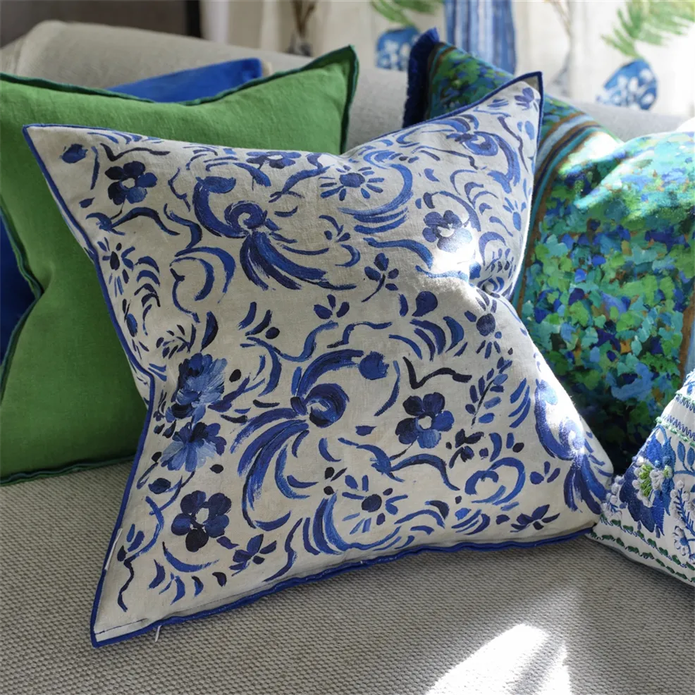 Kawana Linen Cushion | Illustrative Floral Design in Cobalt Blue