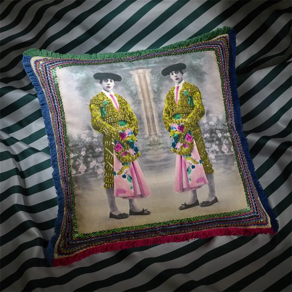 Torero Twins Mosaique Satin Cushion | Embroidered Matador Design with Sequins