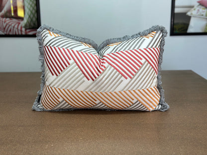 Geo Lumbar Cushion | Embroidered Fabric with Silver Brush Fringe