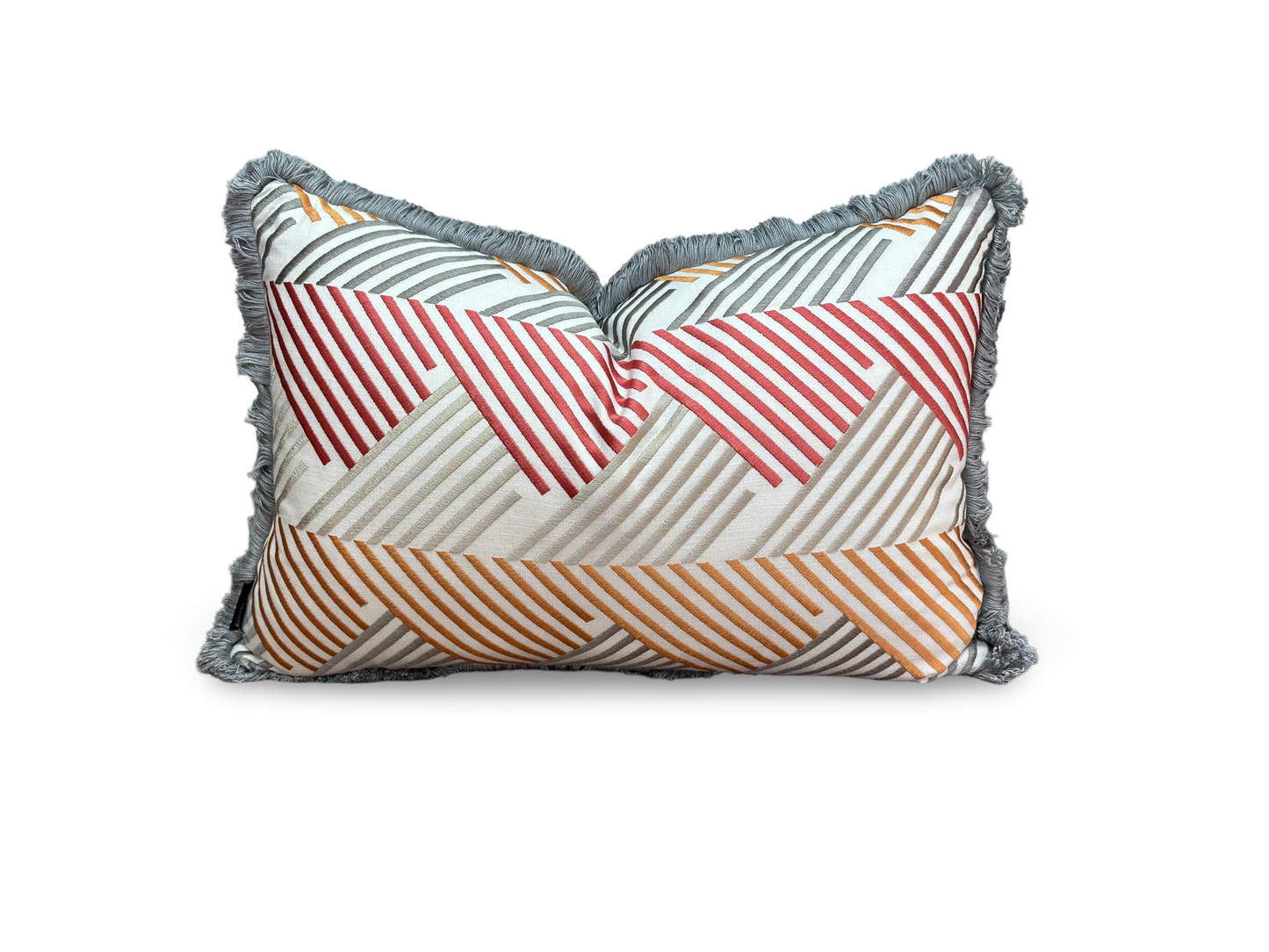 Geo Lumbar Cushion | Embroidered Fabric with Silver Brush Fringe