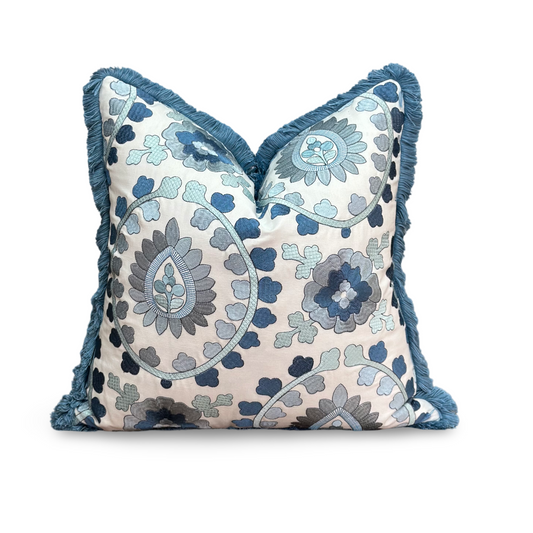 Cloisonne II Fringed Cushion | Luxurious Blue Embroidered Cushion