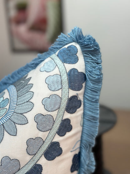 Cloisonne II Fringed Cushion | Luxurious Blue Embroidered Cushion