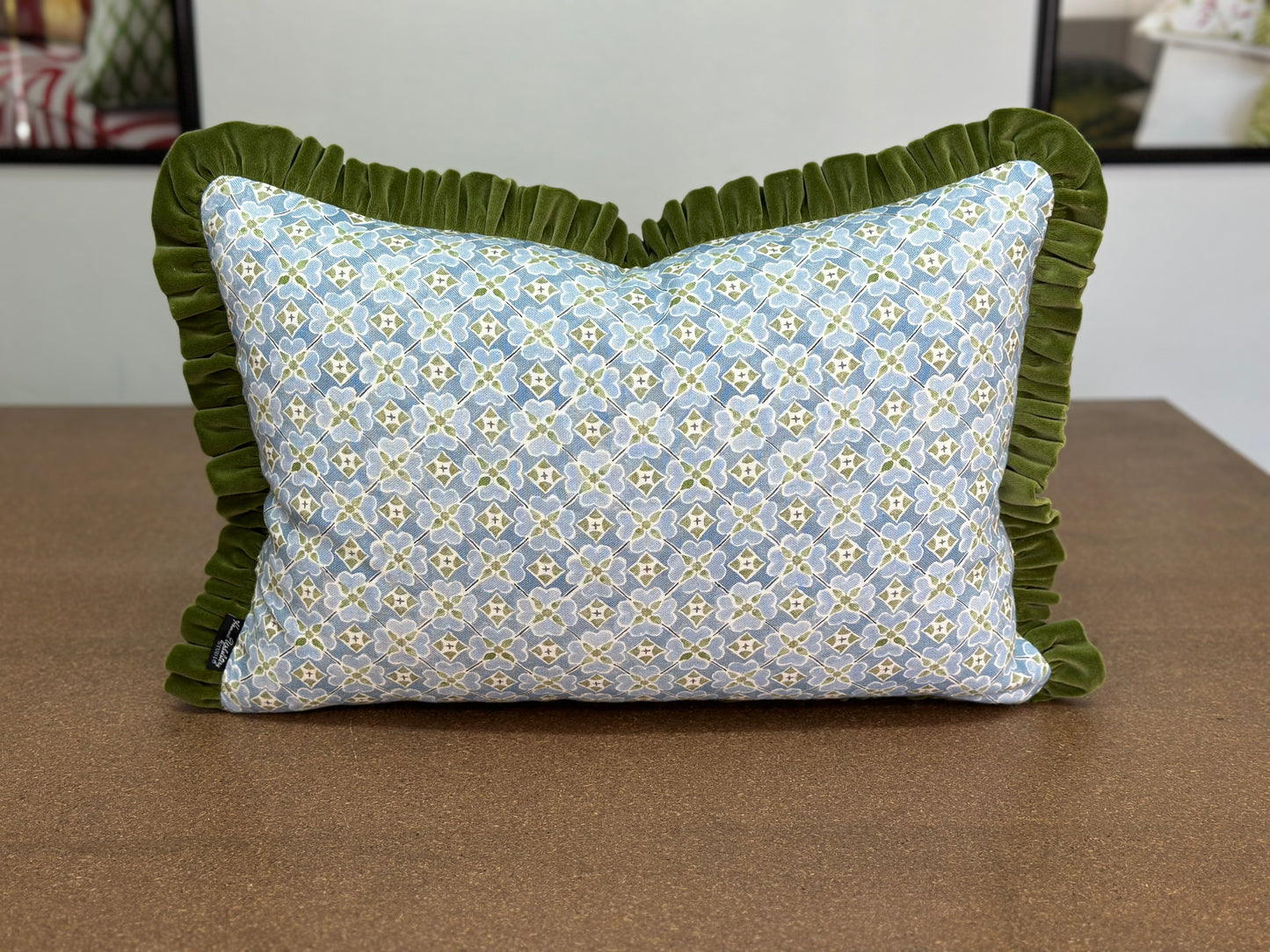 Flora Lumbar Cushion | Olive Green Velvet and Blue Design