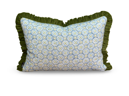 Flora Lumbar Cushion | Olive Green Velvet and Blue Design