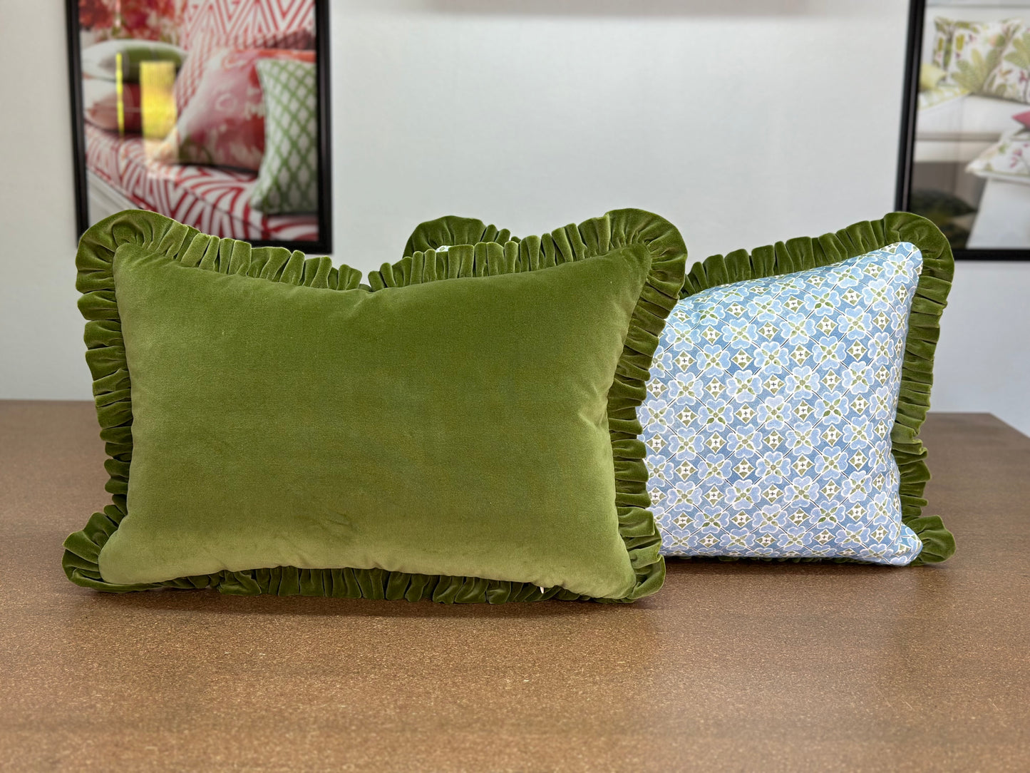 Flora Lumbar Cushion | Olive Green Velvet and Blue Design