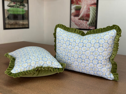 Flora Lumbar Cushion | Olive Green Velvet and Blue Design