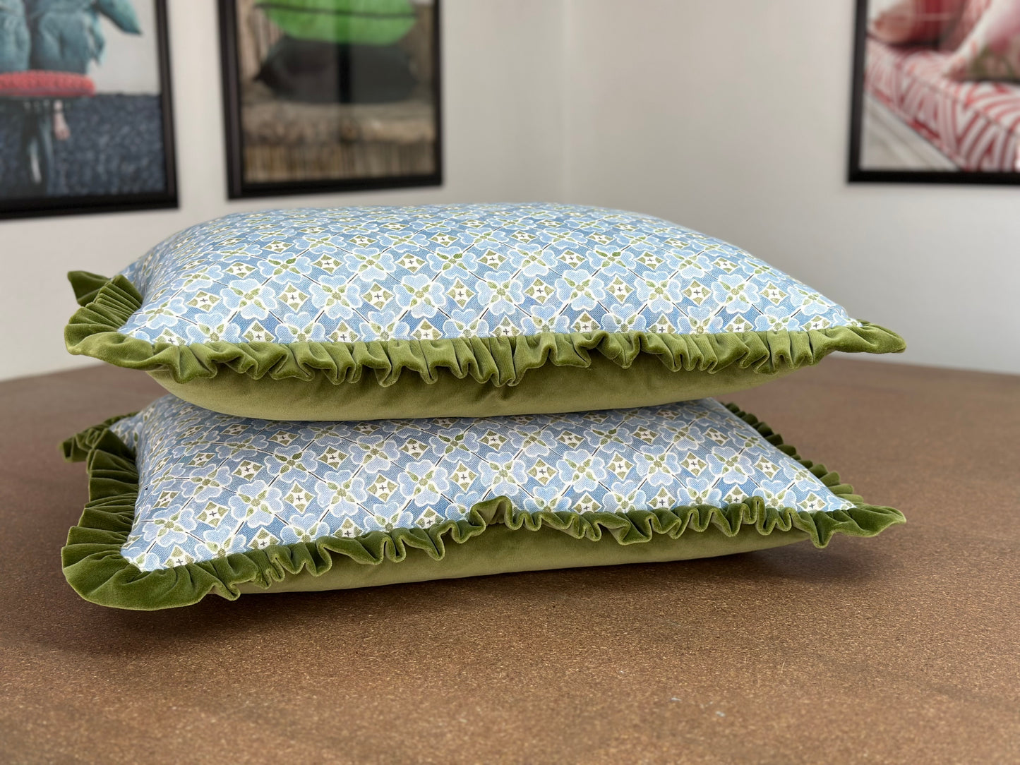 Flora Lumbar Cushion | Olive Green Velvet and Blue Design